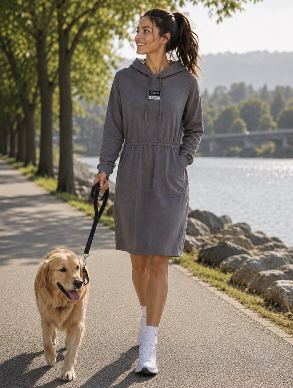 Calvin Klein Hooded Long Sleeve Mini Dress Gray Sz L Athleisure Pockets